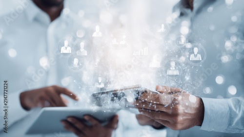 People using technology with digital interface