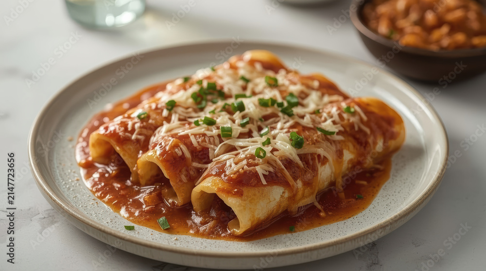 Fototapeta premium Traditional Mexican enchiladas with red sauce and cheese on plate