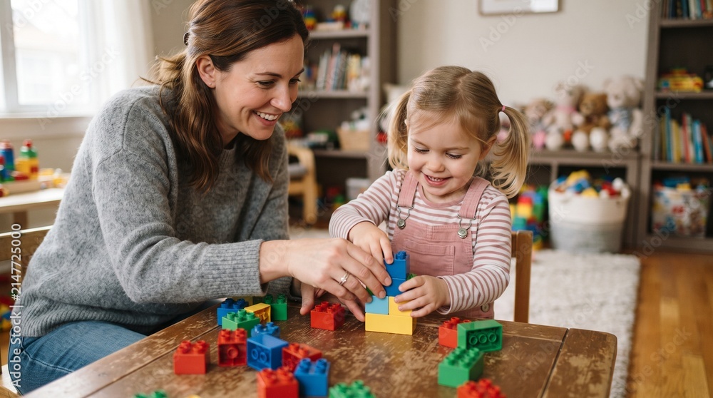 Obraz premium Mother and daughter happily playing with colorful building blocks on a wooden table in a bright room