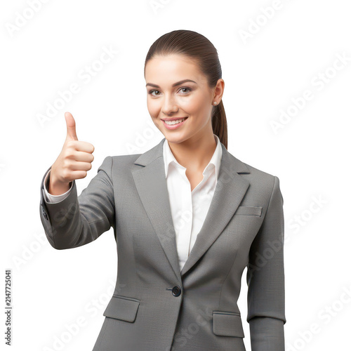 Confident professional woman giving a thumbs up in a suit