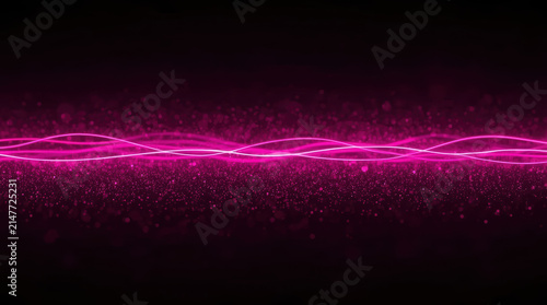 Magenta light wave on black background with glowing particle field