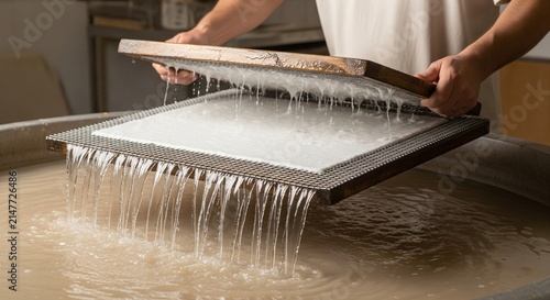 Person pouring water from a large metal container onto a clean floor surface