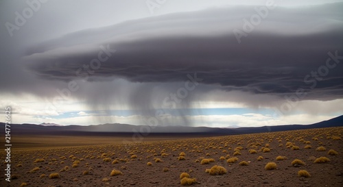 Dramatic storm cloud looming over vast arid desert landscape at dusk