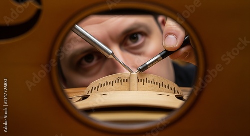 Close-up of a craftsman meticulously working on a wooden object