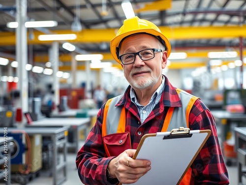 Older worker holding clipboard in clean factory workshop, blue collar, management