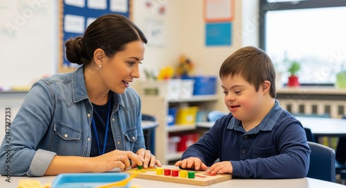 Teacher and student engaged in learning activity in a classroom setting