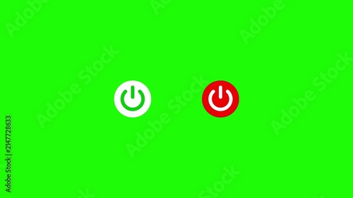 Power button animation on green screen, on and off switch symbols for digital interface and technology projects