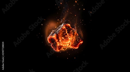 Molten core of a celestial body or a burning ember, brilliantly illuminating the darkness with vivid orange and red hues and energetic fiery particles