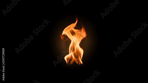 A single flame of fire dances and flickers against a dark, black background, creating an abstract and energetic visual