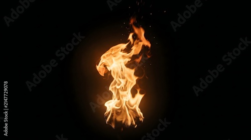 Dynamic and isolated orange and yellow flames dancing brightly against a pitch-black background, creating a dramatic and intense visual effect of heat and energy