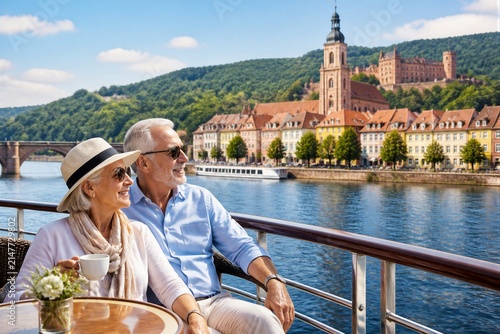 Elderly couple enjoying river cruise with historic town backdrop