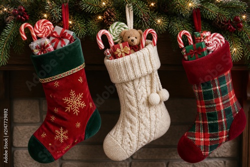 Christmas stockings filled with toys and candy on mantel