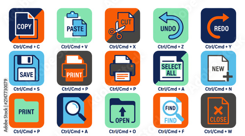 Fotografie Set of Twelve Essential Computer Keyboard Shortcut Icons for Graphic User Interf
