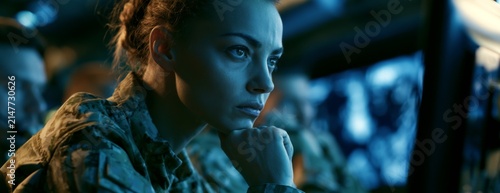 Female soldier focused on screen in military control room  