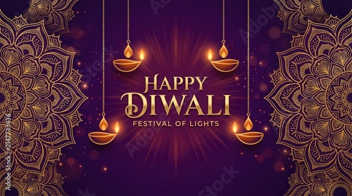 Elegant happy diwali greeting card background featuring glowing oil lamps and intricate golden mandala patterns on purple backdrop