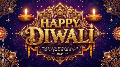 Elegant golden happy diwali greeting card design featuring glowing oil lamps and intricate traditional patterns on purple background