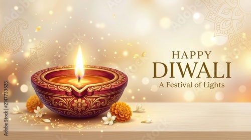 Beautiful glowing diya lamp on a wooden table with festive bokeh background for the traditional indian diwali festival celebration