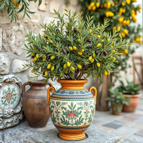 Olive trees adorned with decorative ceramic tiles on a classic amphora vase, tile design, architecture