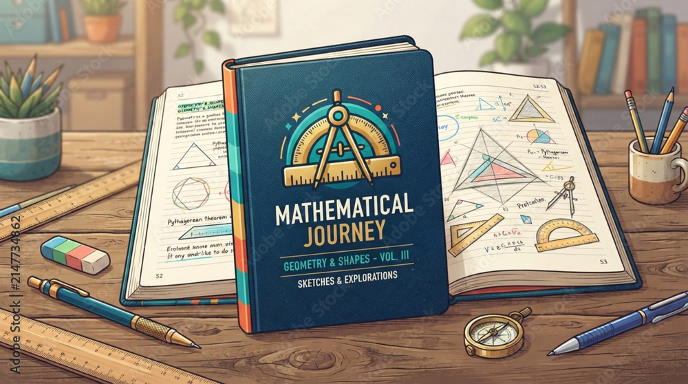 Obraz premium Mathematical journal with geometry tools. Notebook for geometry study and math education.