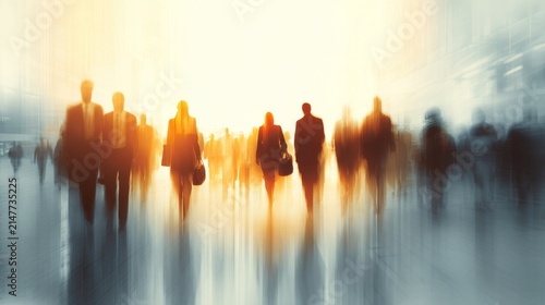 Busy business people commuting through modern city streets with motion blur and city lights, dynamic urban crowd and corporate lifestyle concept