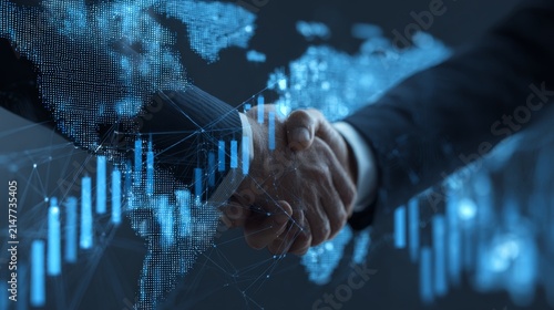 Businessmen handshake with global stock market graph, bar chart, globe, network connections and digital links, technology, internet communication, business partnership, agreement and teamwork concept