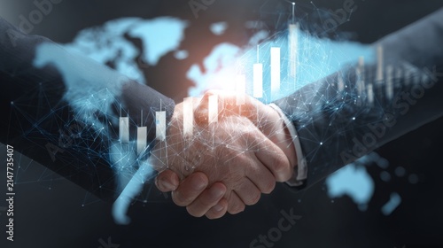 Businessmen handshake with global stock market graph, bar chart, globe, network connections and digital links, technology, internet communication, business partnership, agreement and teamwork concept