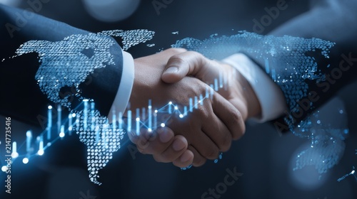 Businessmen handshake with global stock market graph, bar chart, globe, network connections and digital links, technology, internet communication, business partnership, agreement and teamwork concept