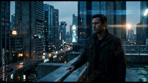 Man standing on a rooftop overlooking a city at twilight