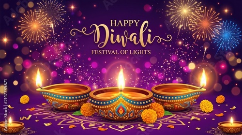 Beautiful festive background featuring traditional oil lamps and fireworks to celebrate the auspicious hindu festival of diwali holiday