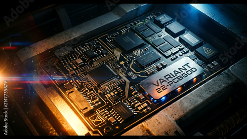 Close-up of a high-tech electronic circuit board with glowing components
