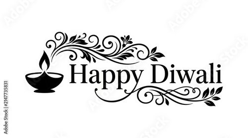 Elegant black and white happy diwali greeting card design featuring a traditional oil lamp and decorative floral flourishes