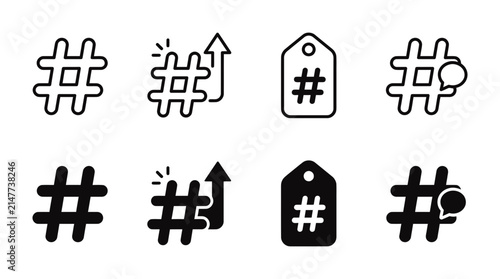 Hashtag icon set representing social media marketing and content tagging with marketing internet branding collection