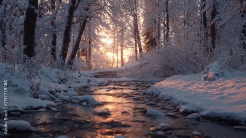 Winter forest stream during sunrise with soft golden light illuminating snow-covered trees and icy water