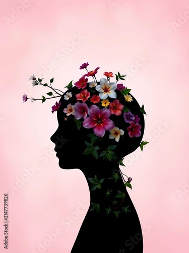 Silhouette of a head adorned with flowers and a vine featuring star-shaped leaves against a soft background, ||Floral design, beauty in simplicity