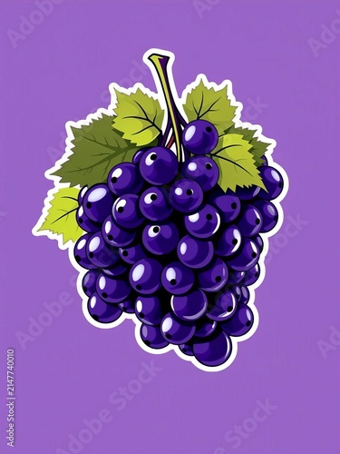 Vibrant purple grape cluster with thick white outlines, stylized design, outline, vine