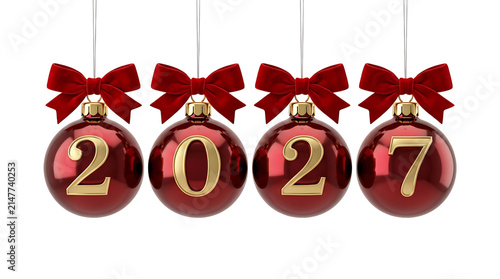 Red Christmas ornaments with gold 2027 numbers hanging against a black background for New Year celebration