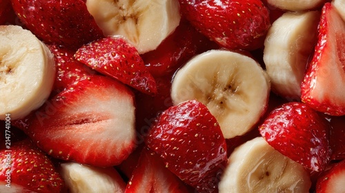 Fresh Strawberry and Banana Slices in Sweet Syrup with Natural Lighting and Shallow Depth of Field