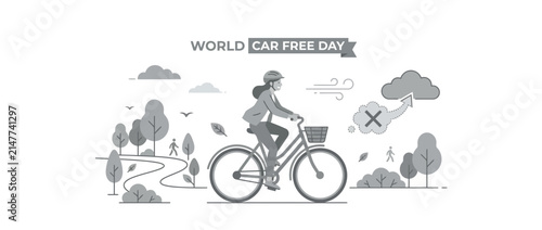 Woman cycling on car-free day in park, clean air concept