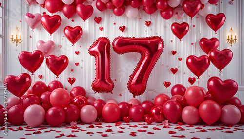 Beautiful room with red and pink heart balloons, number 17 balloons, and scattered petals for a seventeenth birthday party.
