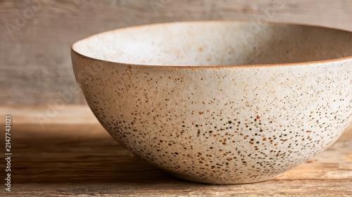 Ceramic bowl with speckled texture resting on rustic wooden surface with soft natural light