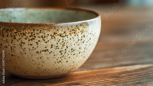 Handcrafted ceramic bowl with speckled glaze resting on a rustic wooden table during soft natural light
