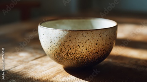 Handcrafted ceramic bowl with speckled glaze resting on a rustic wooden surface with dappled sunlight