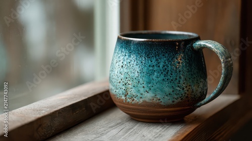 Ceramic coffee mug with speckled blue glaze resting on wooden windowsill with soft window light