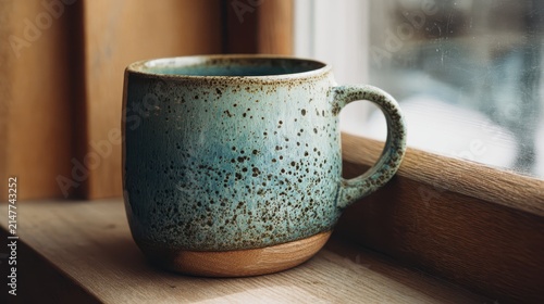 Rustic ceramic mug with speckled blue glaze resting on a wooden windowsill during daytime