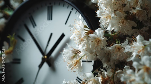 Close-up of a clock face with delicate white blossoms in soft natural light symbolizing the passage of time