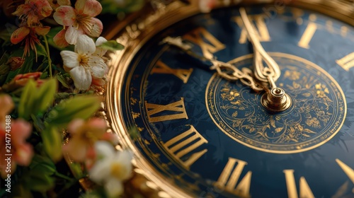 Ornate antique clock face with delicate floral accents during soft morning light conceptualizing time's passage