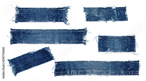 Blue denim jeans fabric tape strips with frayed edges collection