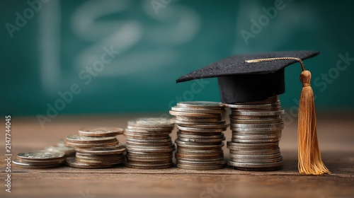 Graduation cap on ascending coin stacks symbolizing educational investment and financial growth against a chalkboard