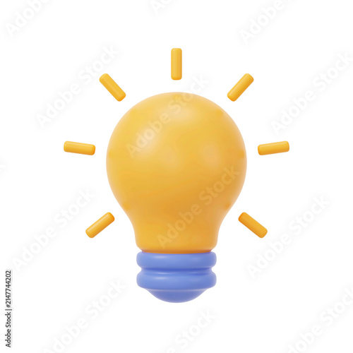 3D Yellow Light Bulb Idea Icon. Cute Plastic Illumination Symbol. Business Inspiration Concept, Creative Thinking Visual. Blue Base isolated on Transparent Background