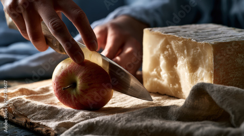 Hand cuts apple on rustic cloth